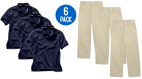 Wholesale Youth School Uniform Combo Pack - 3 Navy Shirts - 3 Khaki Pants
