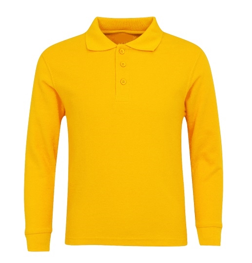 Verenigde Staten van Amerika Vaardigheid Bewijs Wholesale Adult Size long Sleeve Pique Polo Shirt School Uniform in Gold.  High School Uniform polo