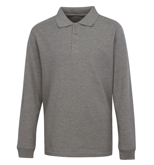 Wholesale Adult Size long Sleeve Pique Polo Shirt School Uniform in Heather Grey. High School Uniform