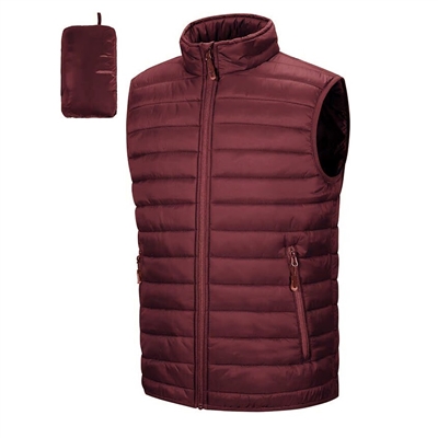 Men's Full Zip Puffer Vest with Pouch in Burgundy