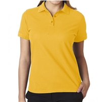 cheap school uniforms wholesale Women's Short Sleeve 3 Button Jersey Knit Polo Shirt  in Gold